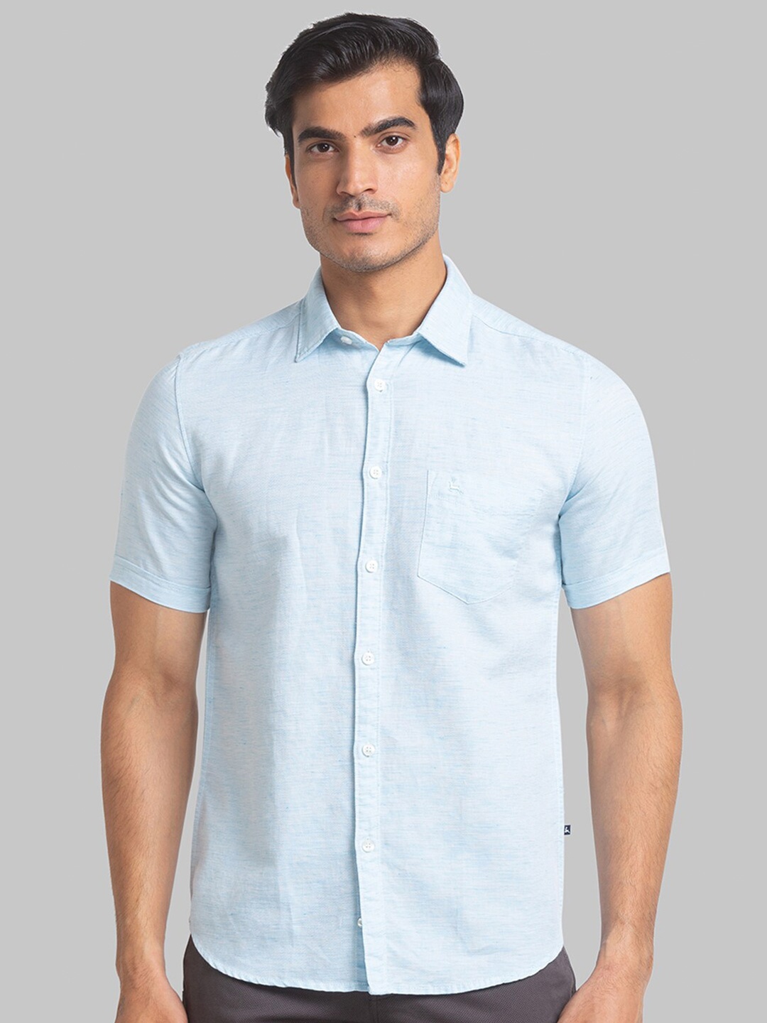 

Parx Spread Collar Slim Fit Casual Linen Cotton Shirt, Blue