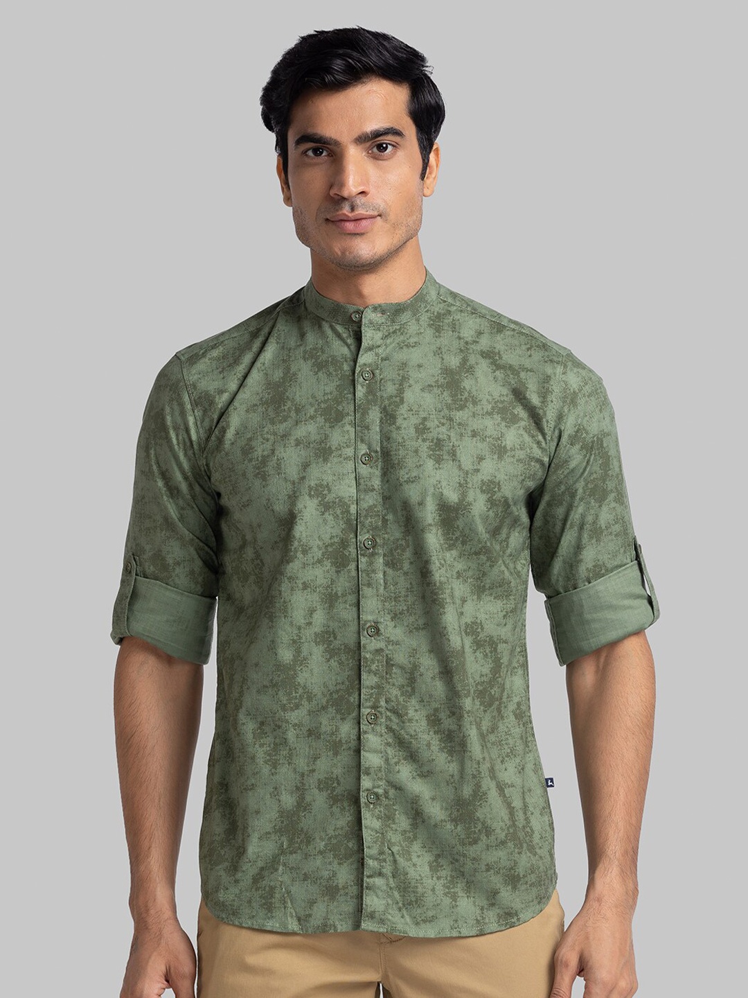 

Parx Slim Fit Opaque Printed Band Collar Casual Shirt, Green