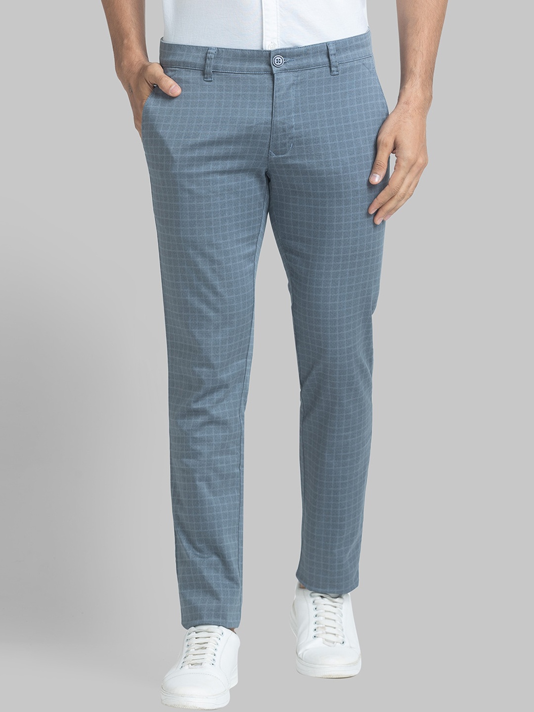 

Parx Men Checked Tapered Fit Cotton Trousers, Blue