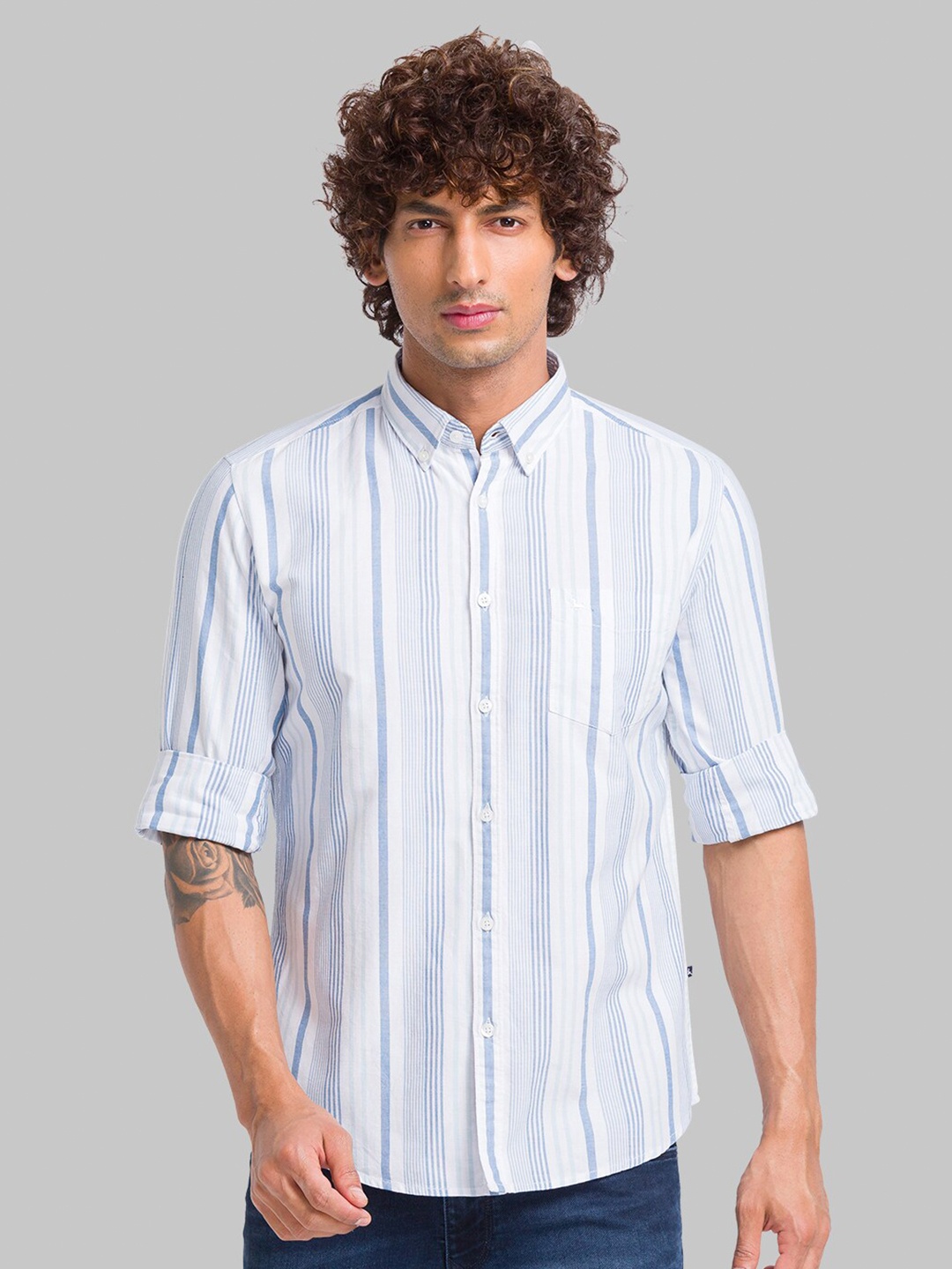 

Parx Slim Fit Opaque Striped Cotton Casual Shirt, Blue