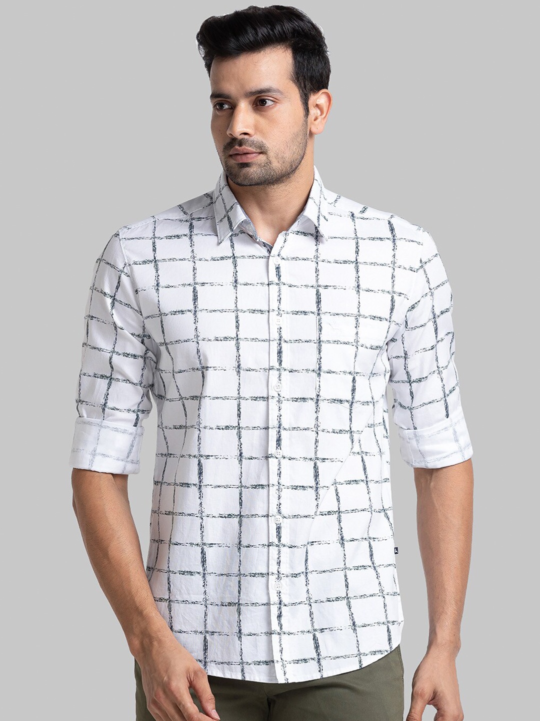 

Parx Slim Fit Windowpane Checks Opaque Checked Cotton Casual Shirt, White