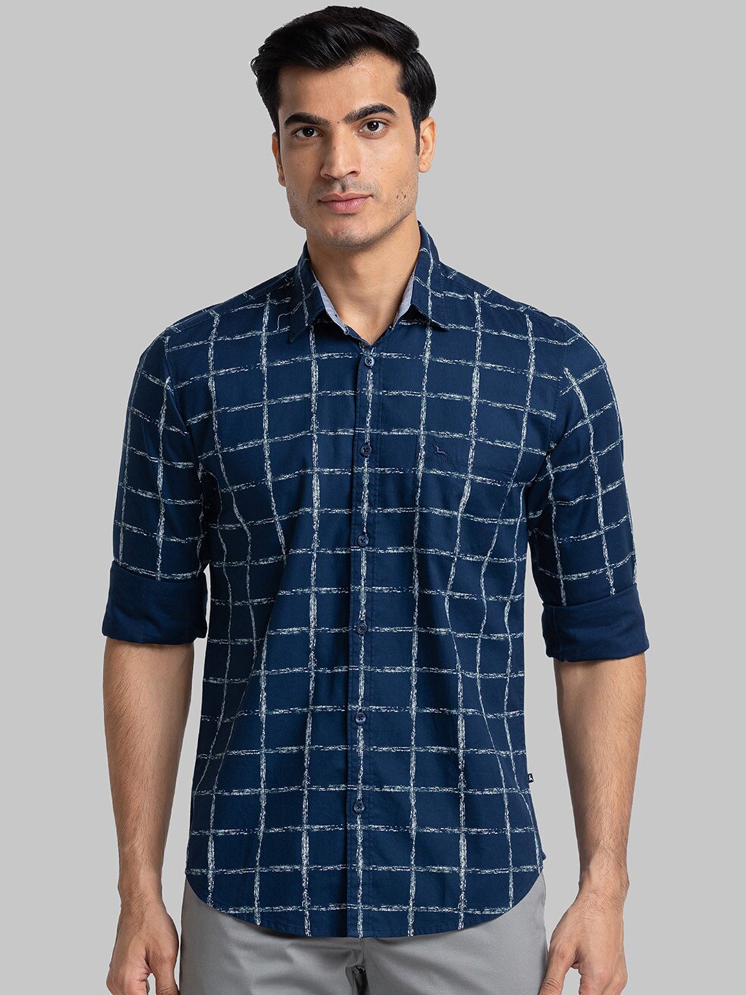 

Parx Men Slim Fit Windowpane Checked Cotton Casual Shirt, Blue