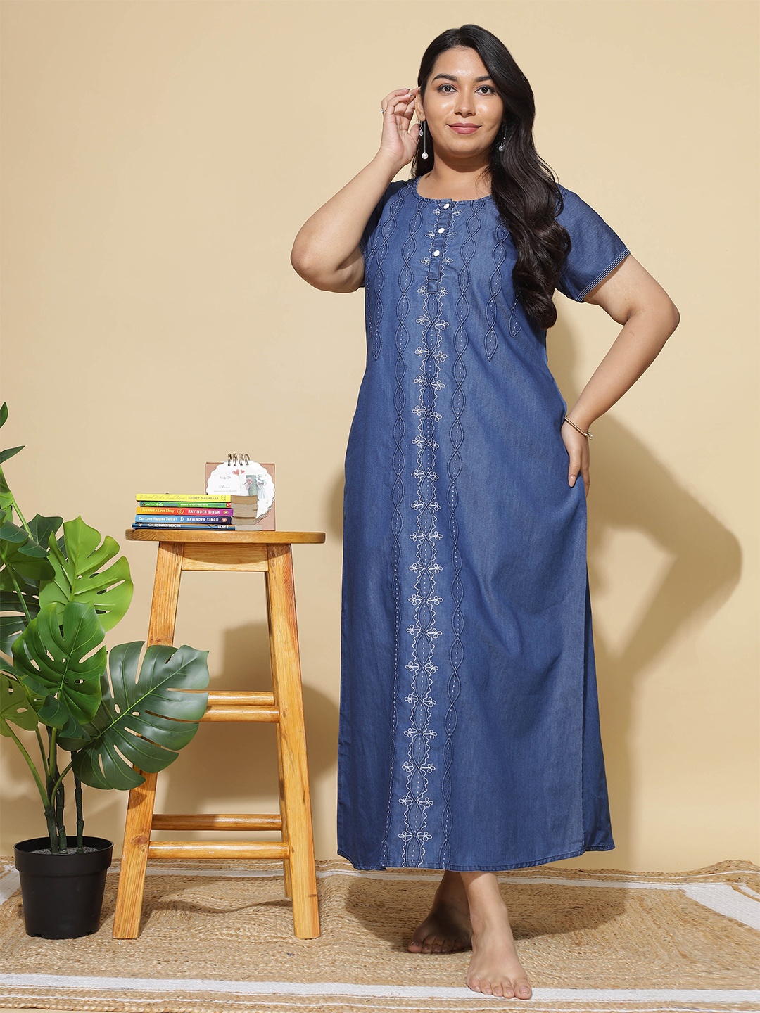 

9shines LabelPlus Size Floral Embroidered Cotton Denim Maxi Nightdress, Navy blue