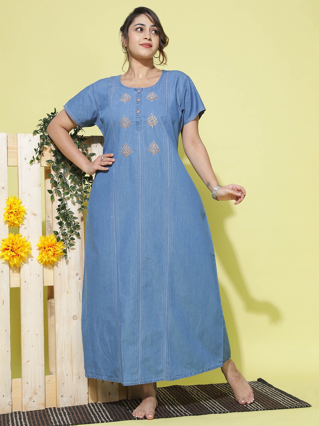 

9shines LabelPlus Size Floral Embroidered Denim Cotton Maxi Nightdress, Blue