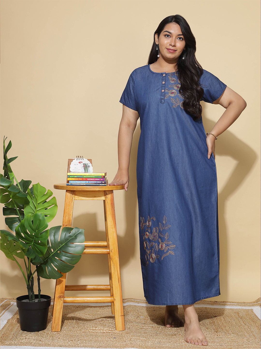 

9shines LabelPlus Size Floral Embroidered Cotton Denim Maxi Nightdress, Navy blue