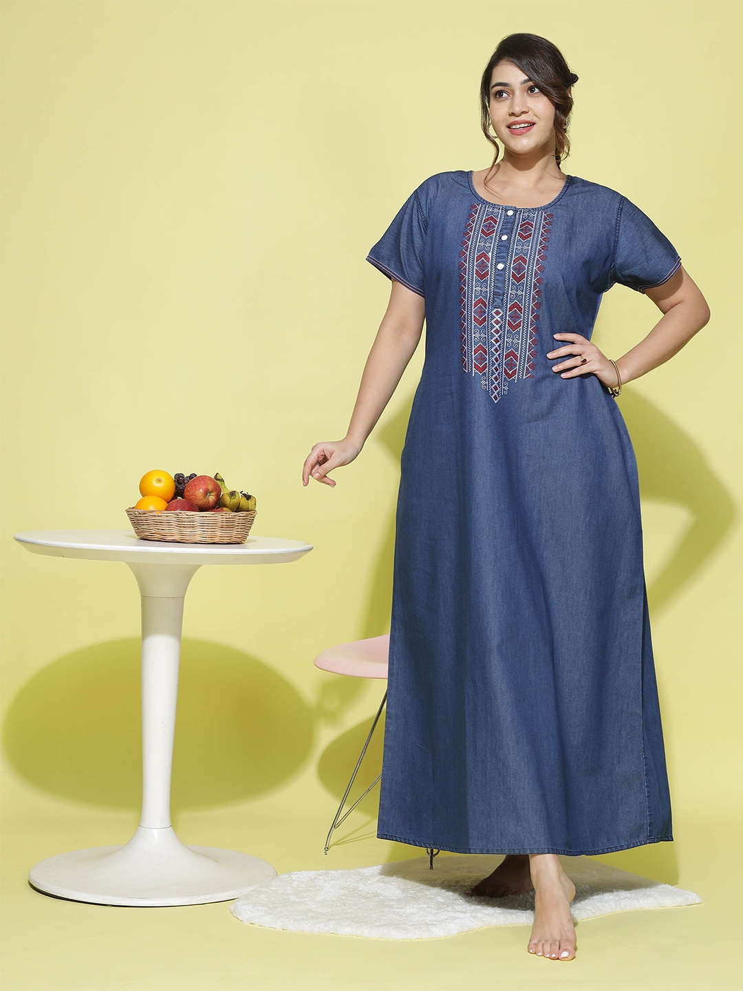 

9shines LabelPlus Size Floral Embroidered Denim Cotton Maxi Nightdress, Navy blue