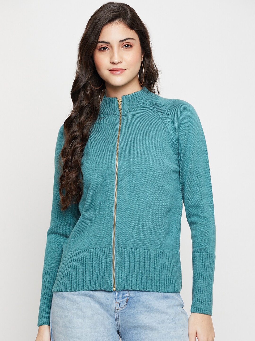 

Cantabil Mock Collar Acrylic Front Open Sweater, Teal