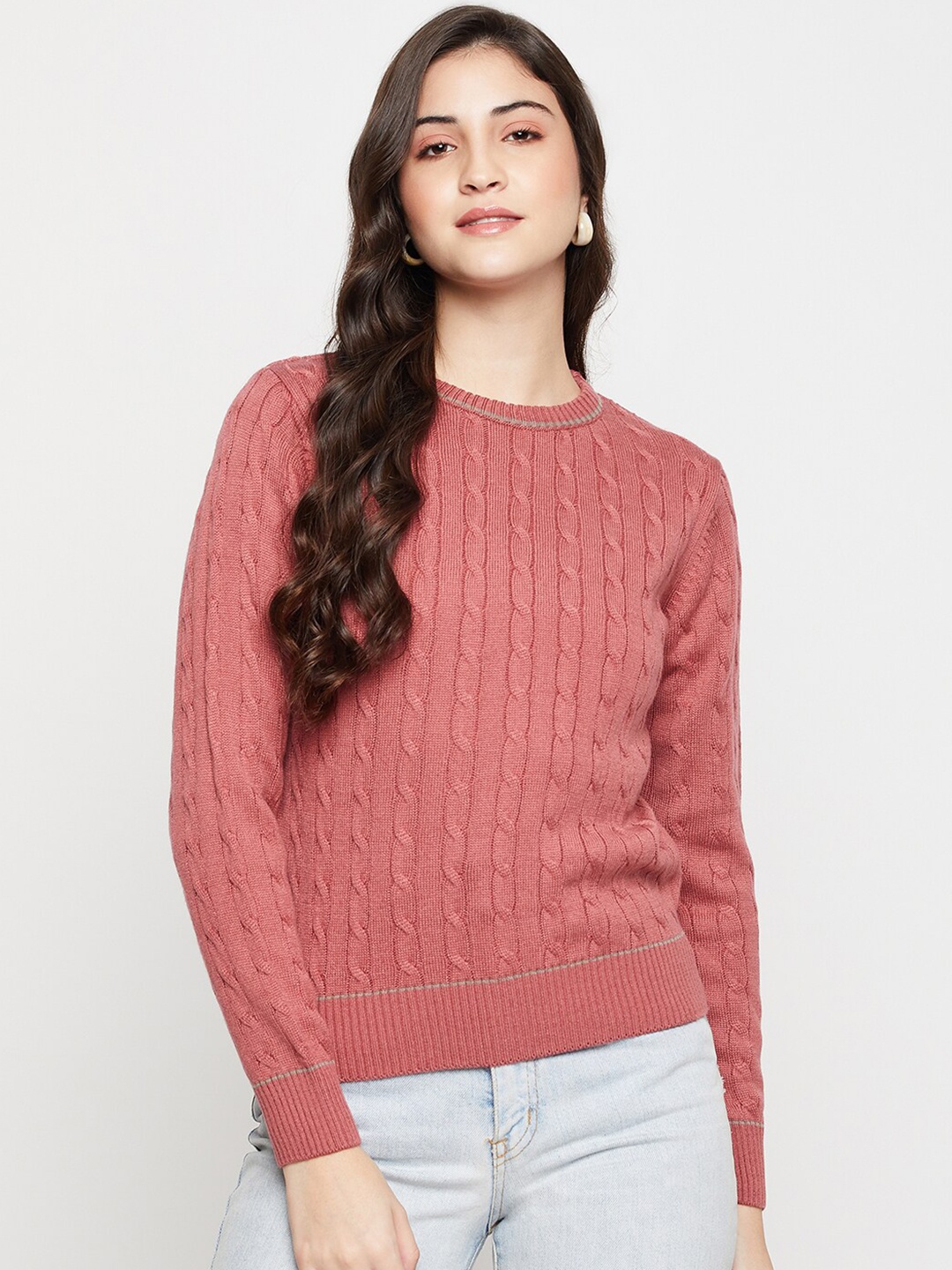 

Cantabil Self Design Cable Knit Acrylic Pullover Sweater, Pink