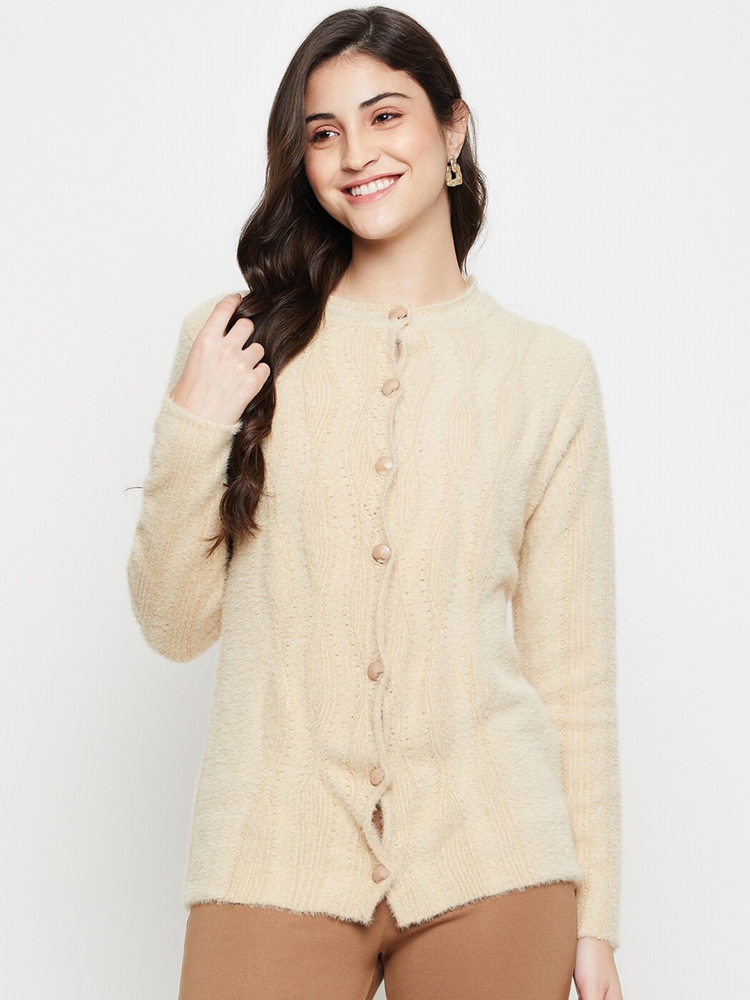 

Cantabil Self Design Acrylic Cardigan Sweater with Fuzzy Detail, Beige