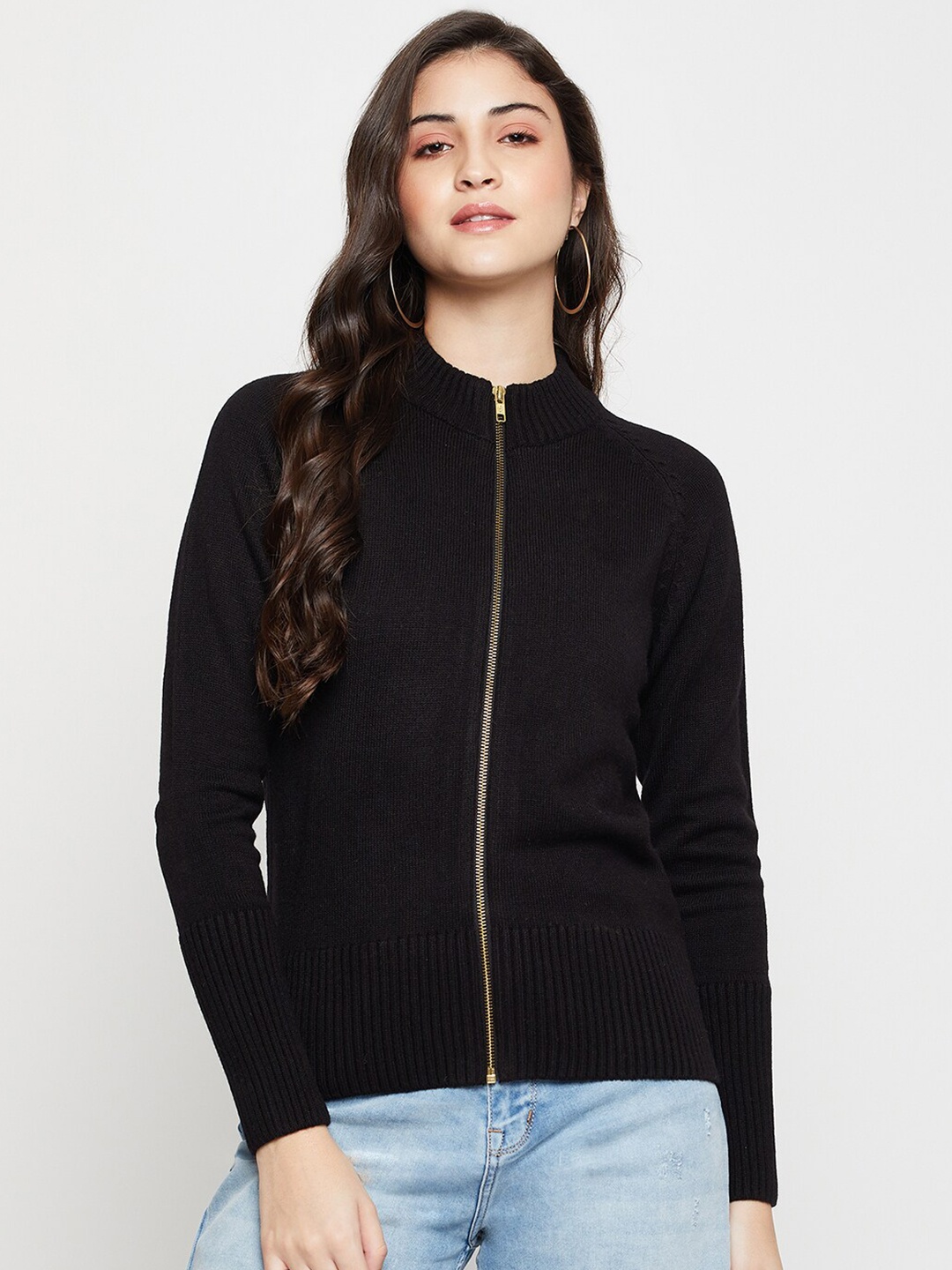 

Cantabil Mock Collar Acrylic Front Open Sweater, Black