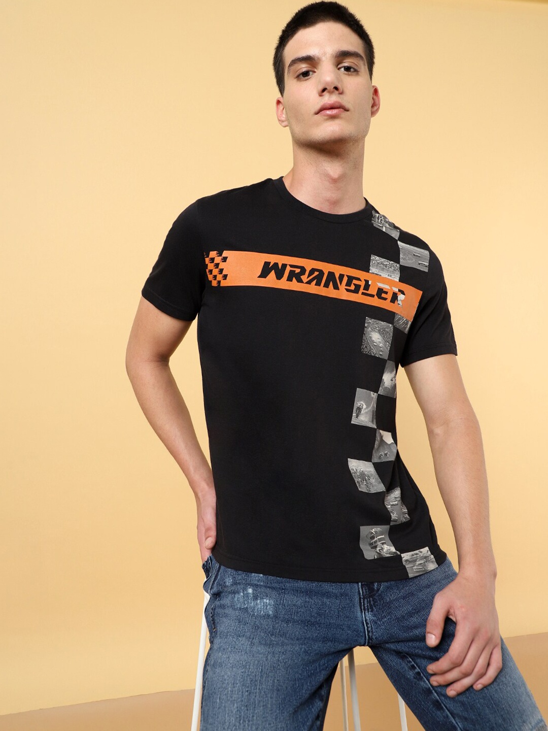 Wrangler Typography Printed Pure Cotton Casual T-shirt, Black