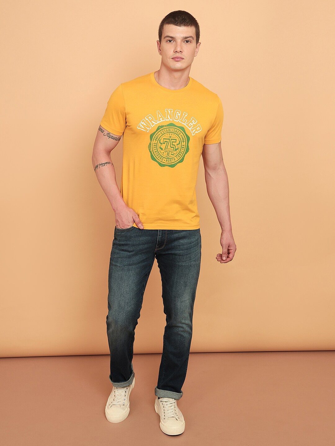 

Wrangler Typography Printed Pure Cotton Casual T-shirt, Yellow