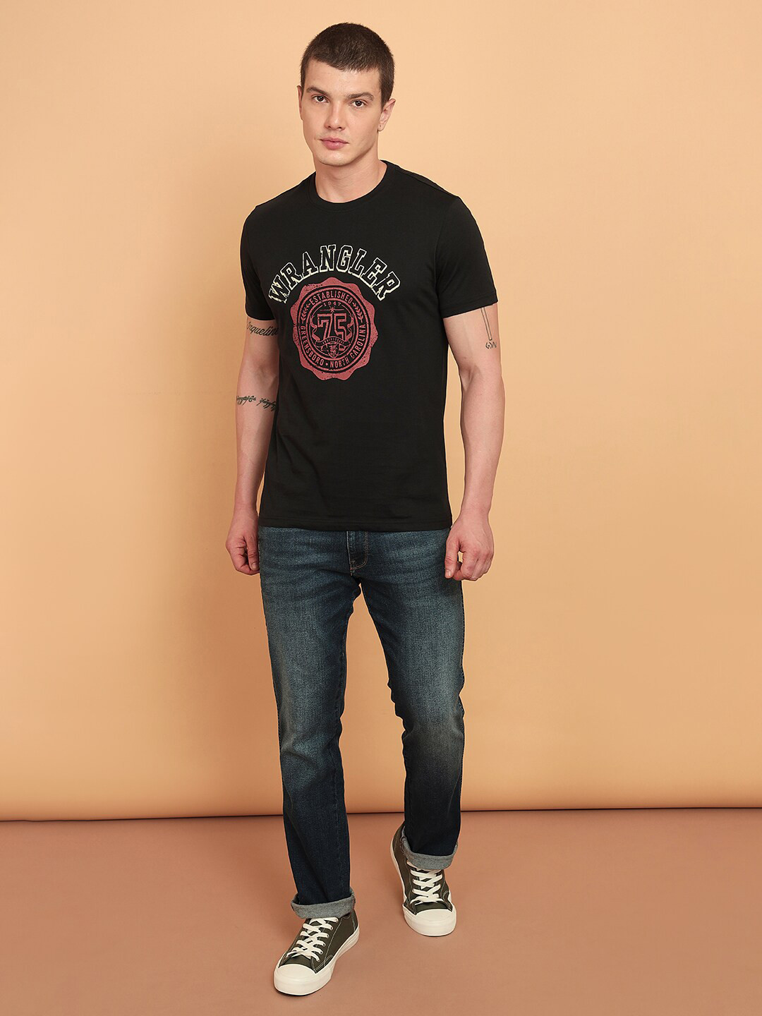 

Wrangler Typography Printed Casual Cotton T-shirt, Black