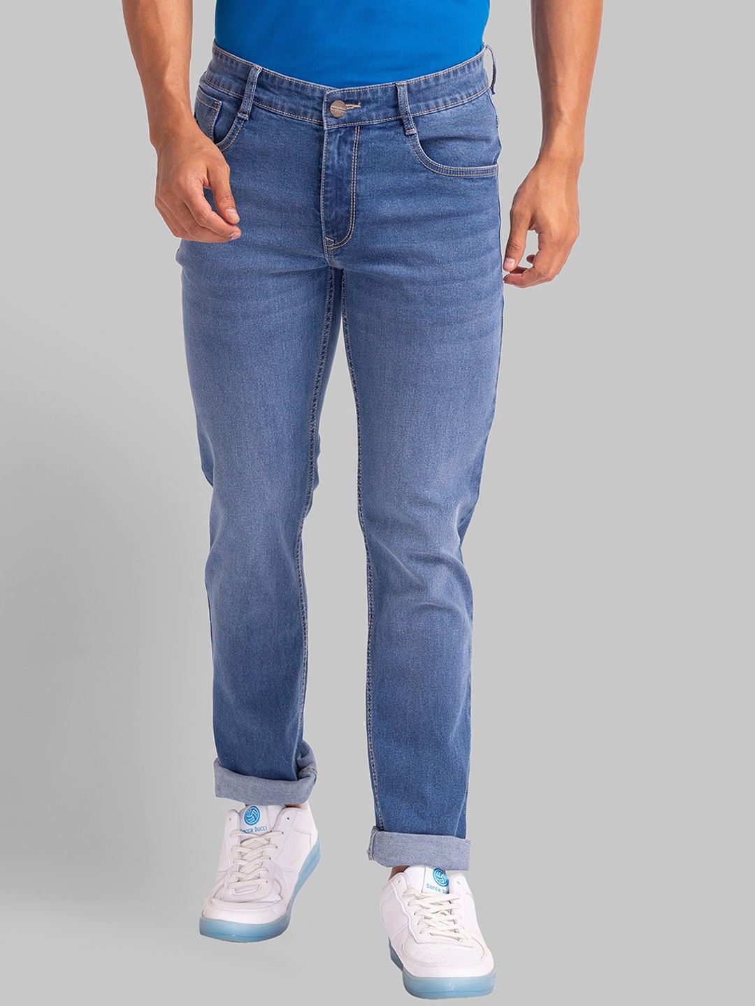 

Parx Men Slim Fit Low-Rise Clean Look Light Fade Stretchable Jeans, Blue