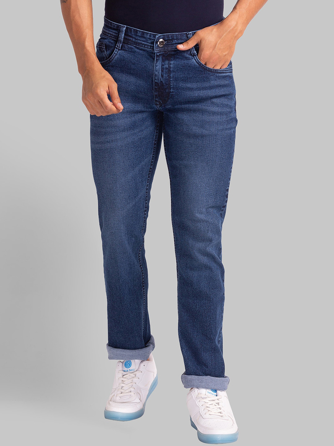 

Parx Men Tapered Fit Low-Rise Light Fade Clean Look Jeans, Blue