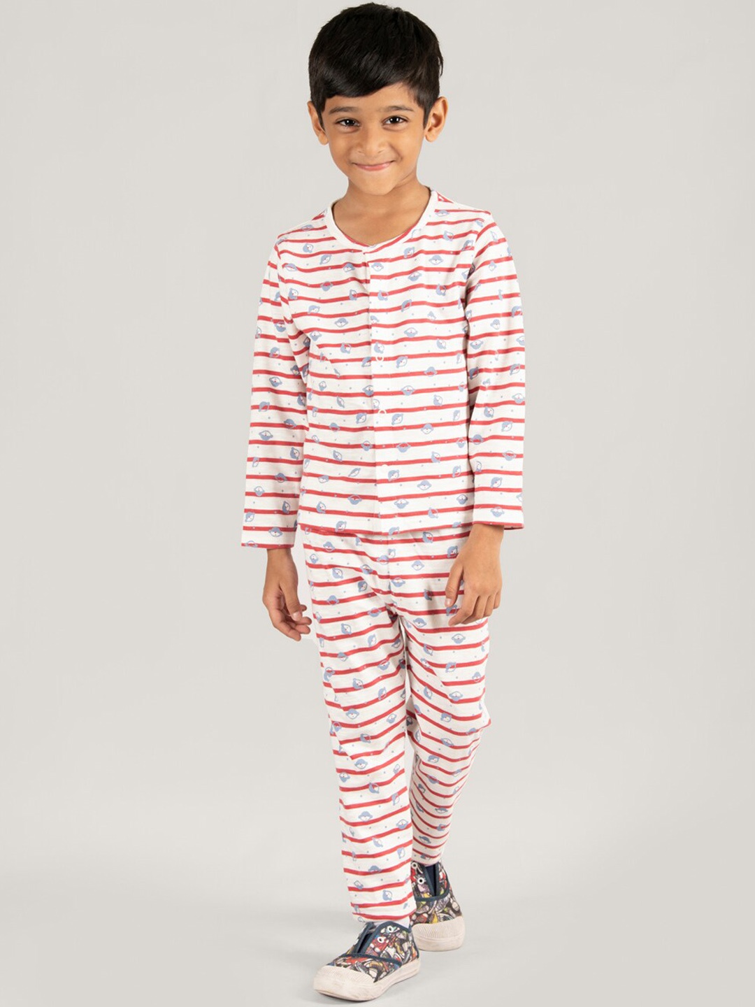 

Zalio Boys Striped Pure Cotton Night Suit, White