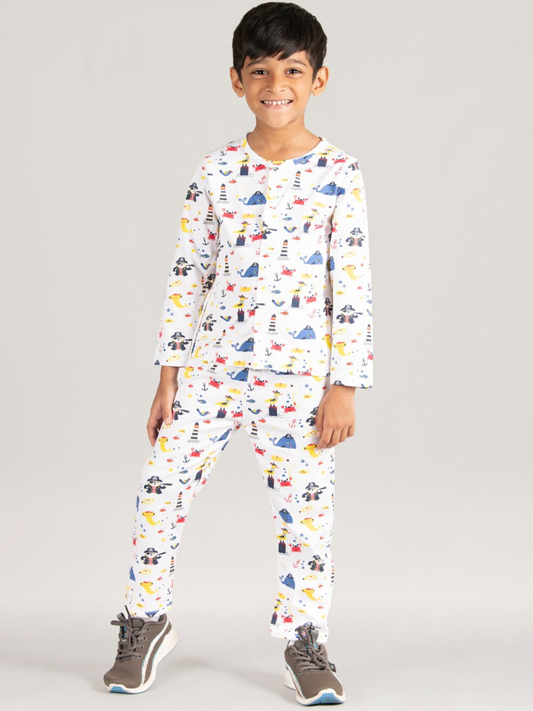 

Zalio Boys Printed Pure Cotton Night Suit, White