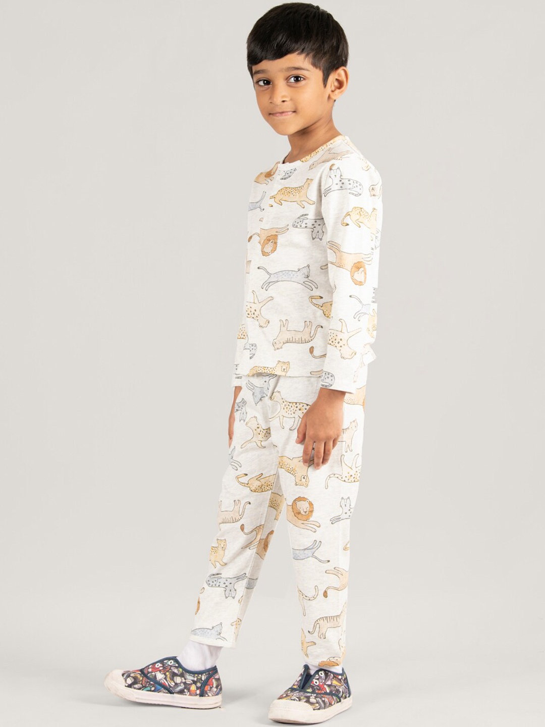 

Zalio Conversational Printed Round Neck Long Sleeve Cotton Clothing Set, Off white