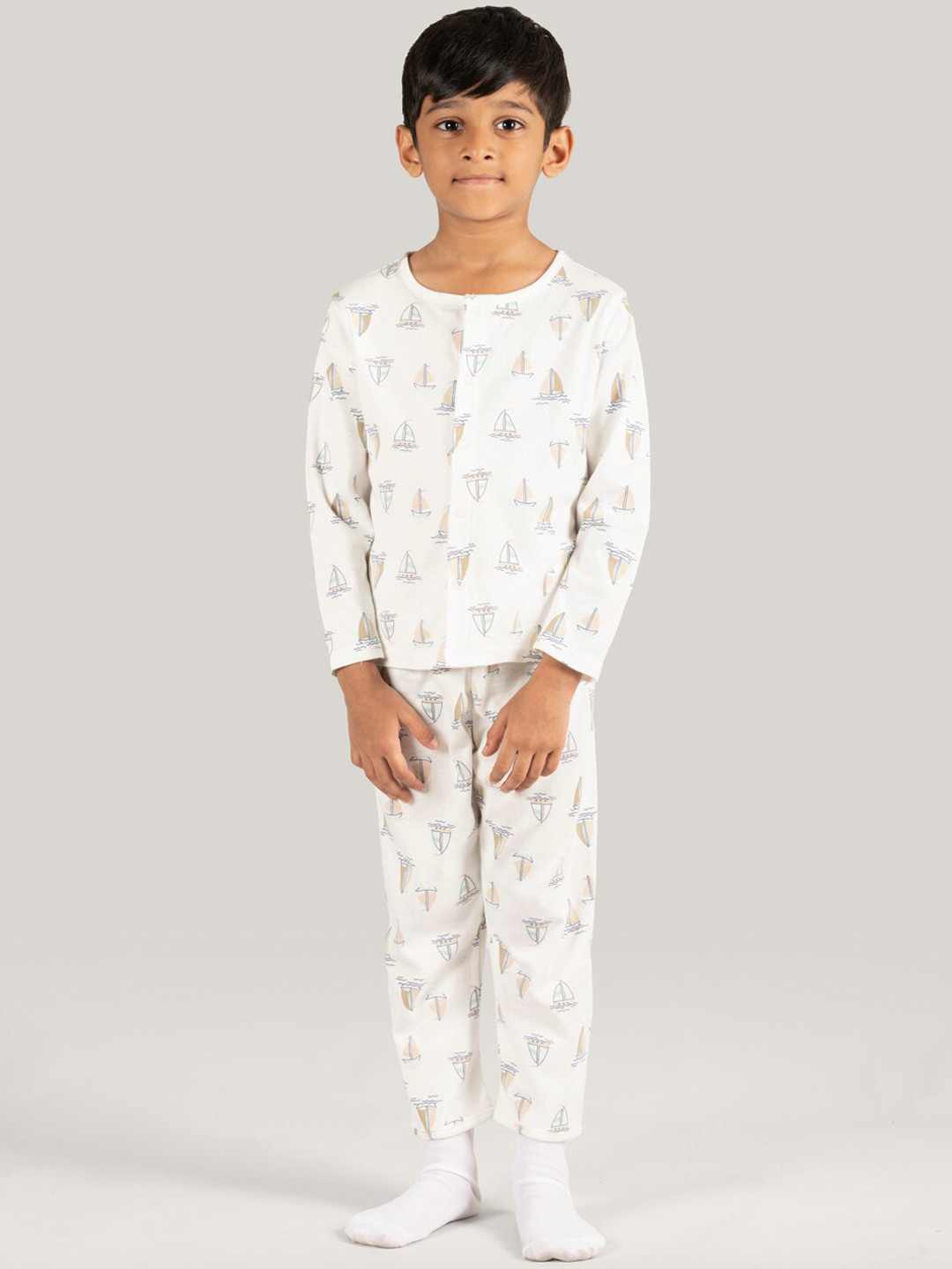 

Zalio Boys Printed Pure Cotton Night Suit, White