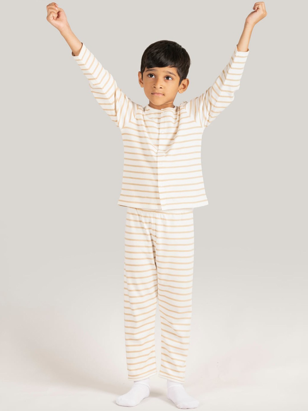 

Zalio Boys Striped Pure Cotton Night Suit, White