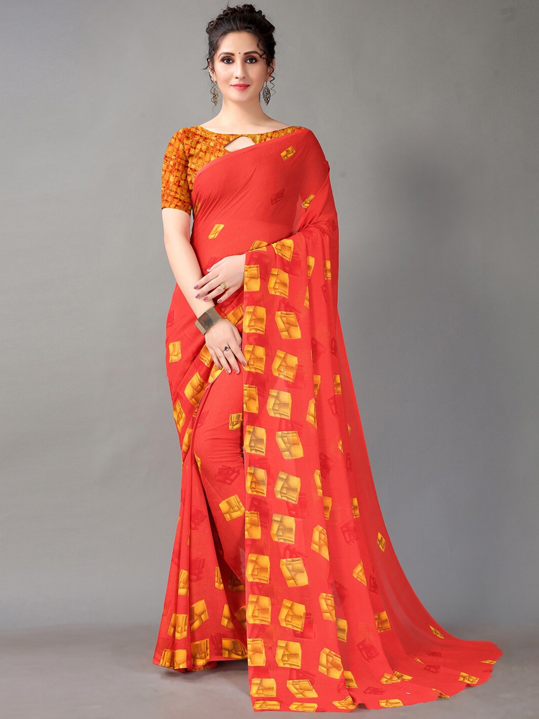 

KALINI Geometric Printed Saree, Orange