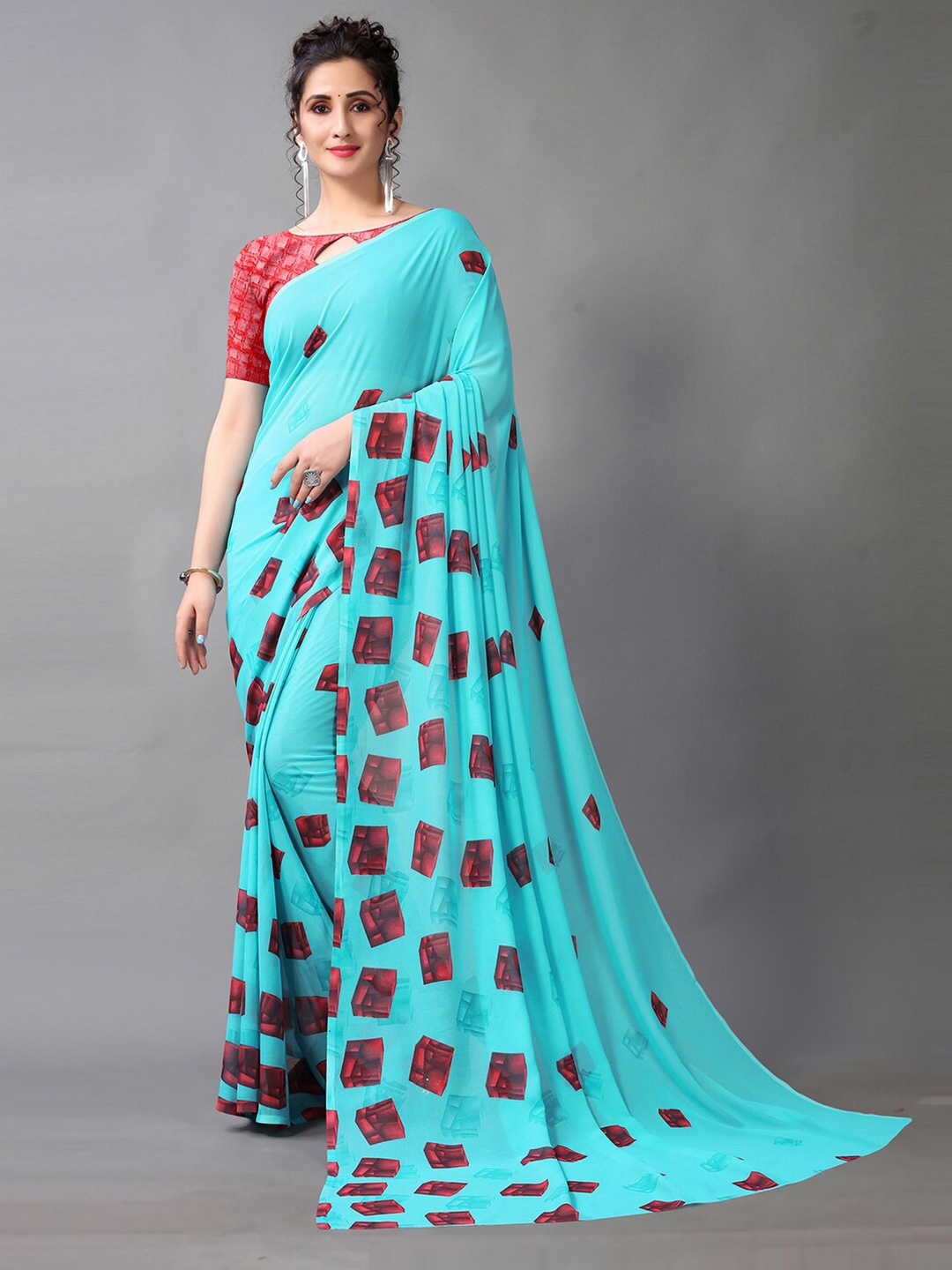 

KALINI Geometric Printed Saree, Turquoise blue