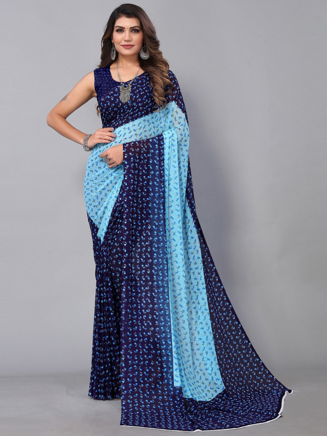 

KALINI Floral Printed Pure Georgette Saree, Navy blue