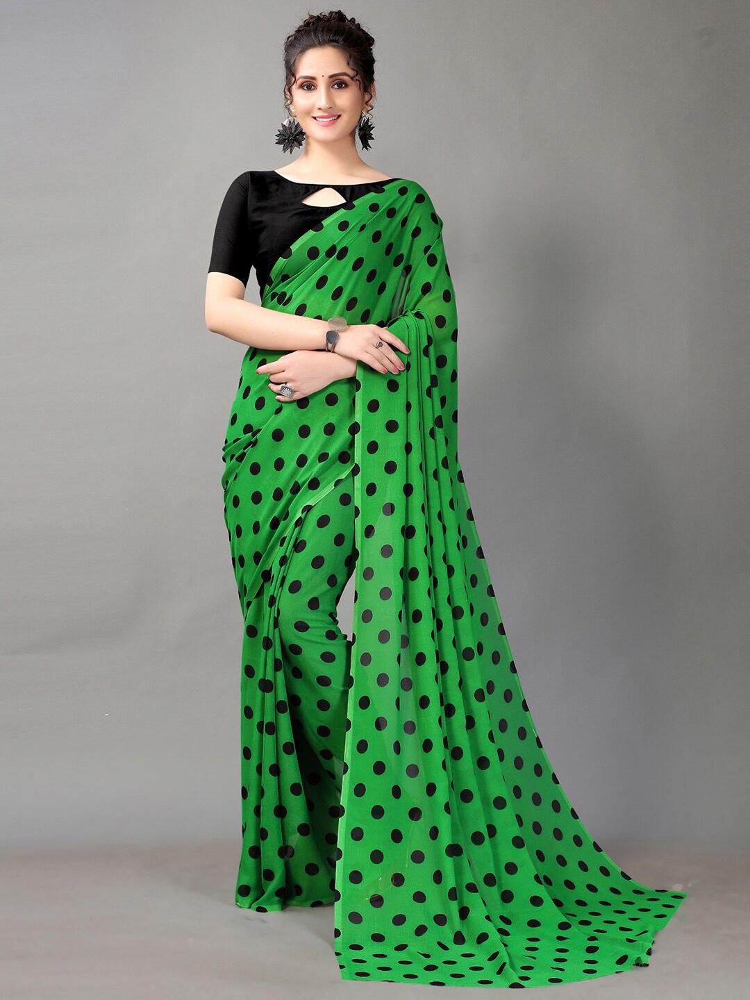 

KALINI Polka Dot Printed Poly Georgette Saree, Green