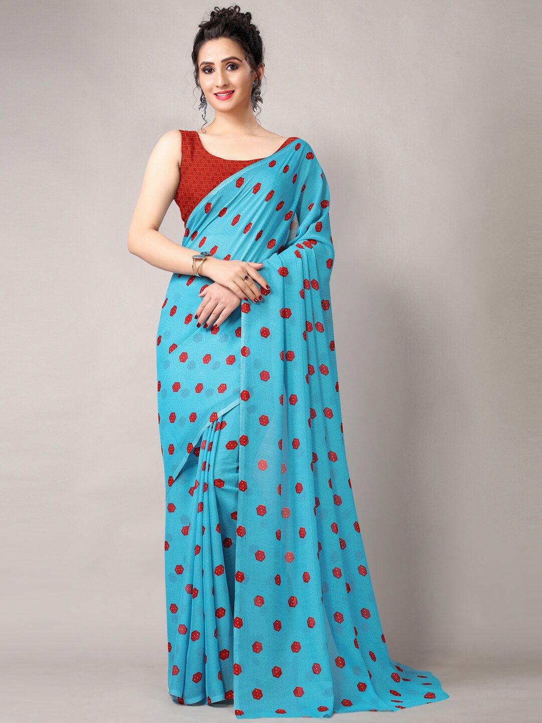 

KALINI Geometric Printed Poly Georgette Saree, Turquoise blue