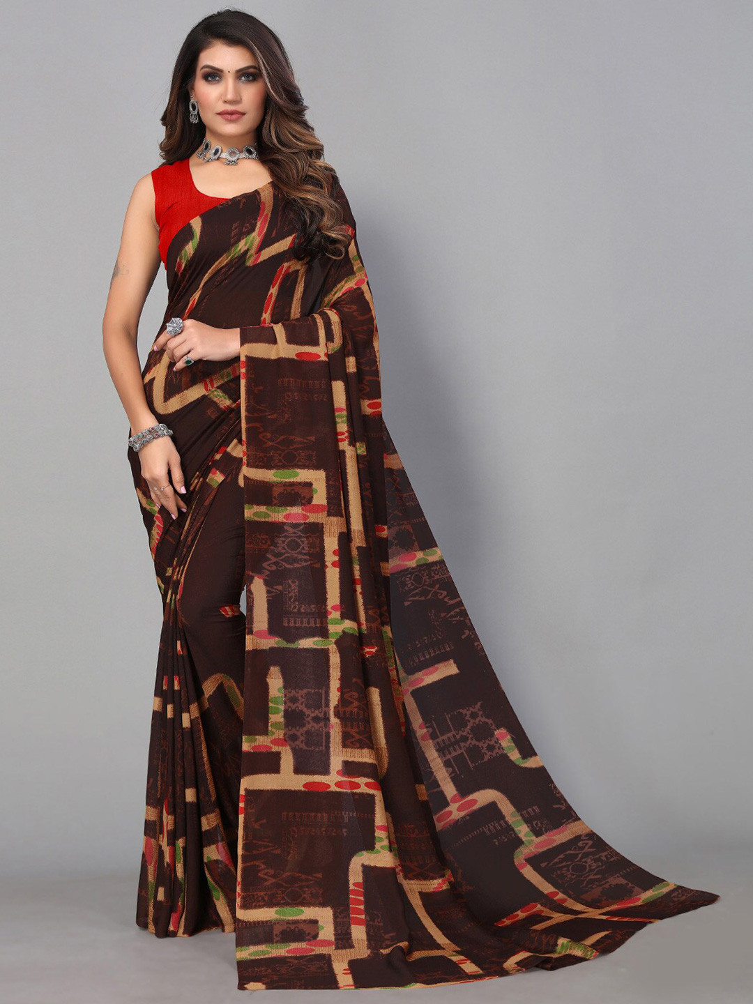

KALINI Geometric Printed Pure Georgette Saree, Brown