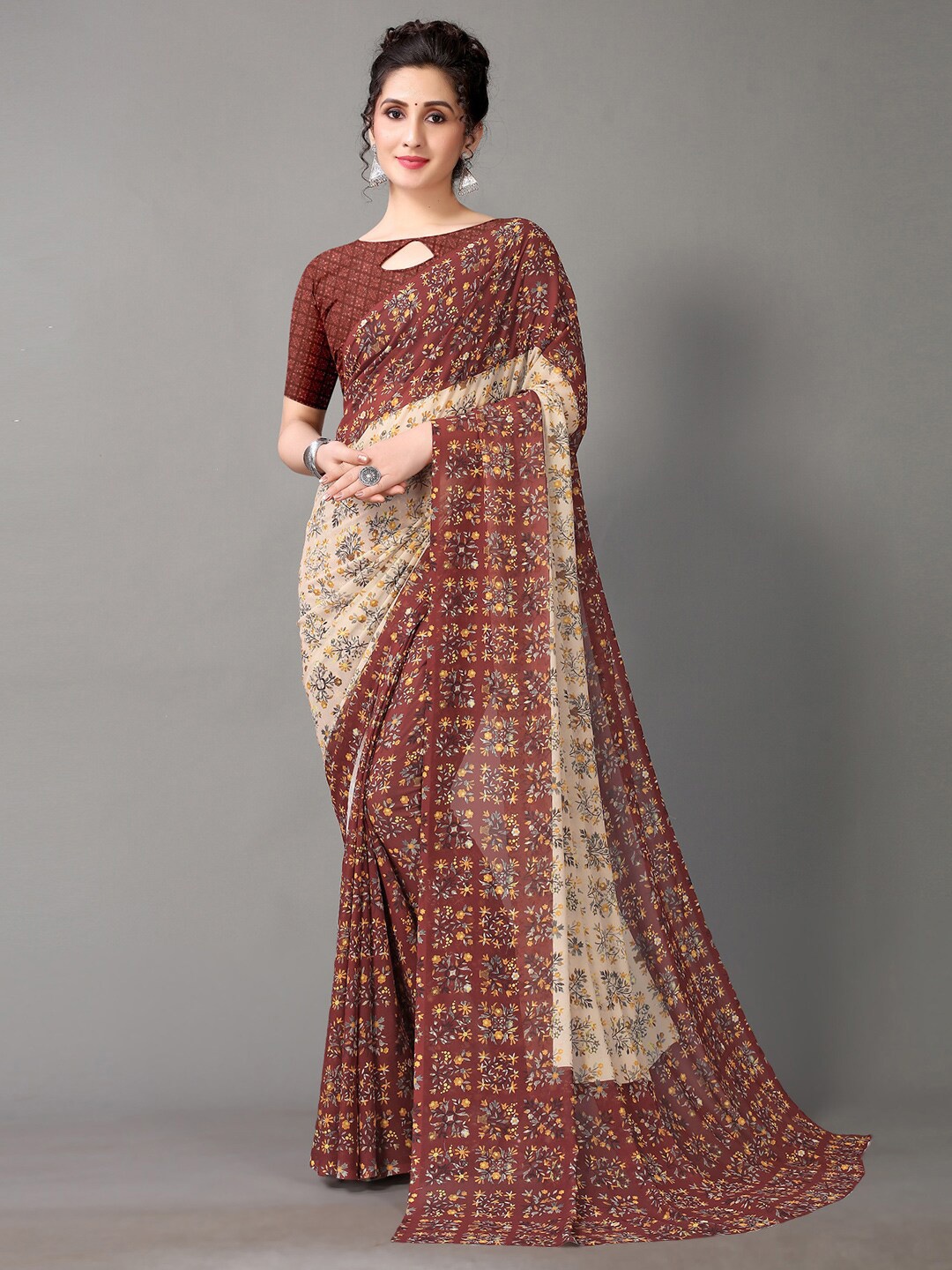 

KALINI Floral Printed Pure Georgette Block Print Saree, Brown