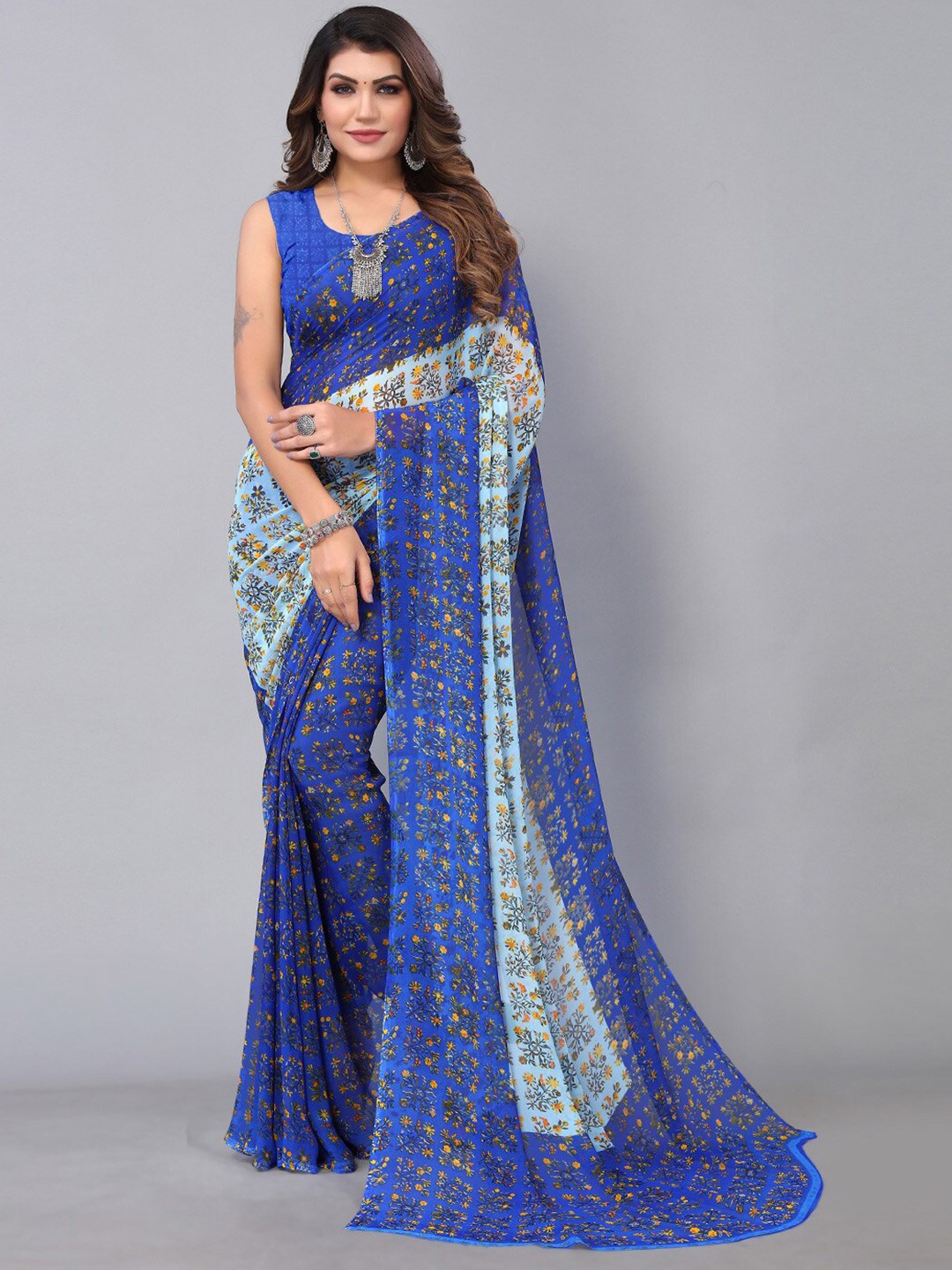 

KALINI Floral Printed Pure Georgette Saree, Blue