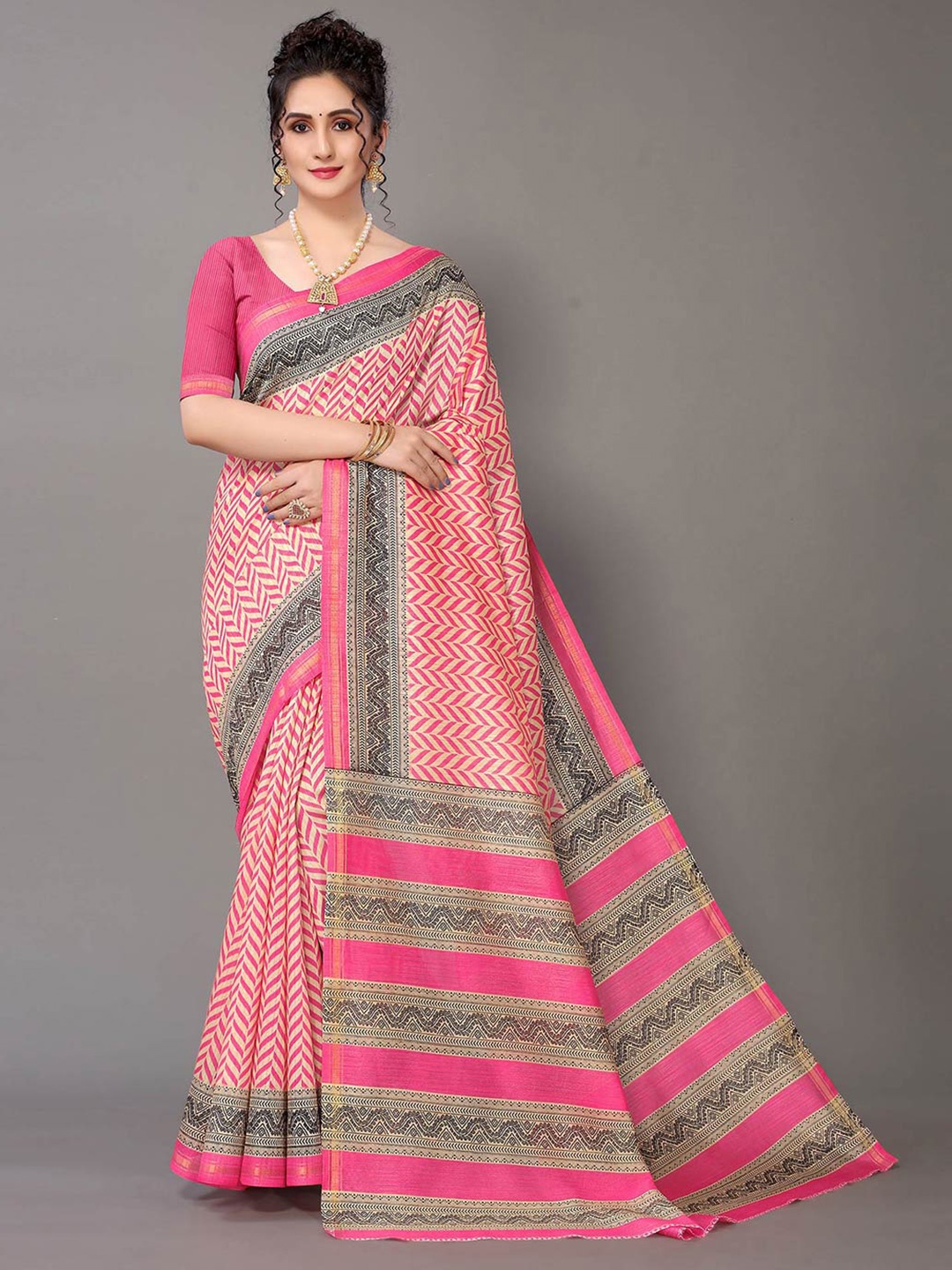 

KALINI Cream-Coloured & Pink Leheriya Art Silk Saree