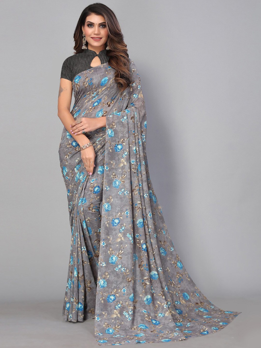 

KALINI Floral Printed Pure Georgette Saree, Grey