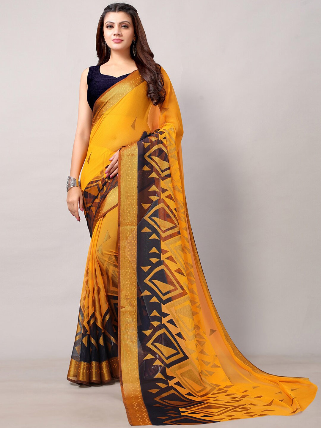 

KALINI Zari Geometric Printed Pure Chiffon Saree, Yellow