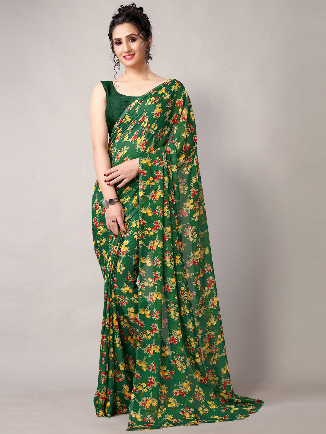 

KALINI Floral Printed Poly Georgette Saree, Green