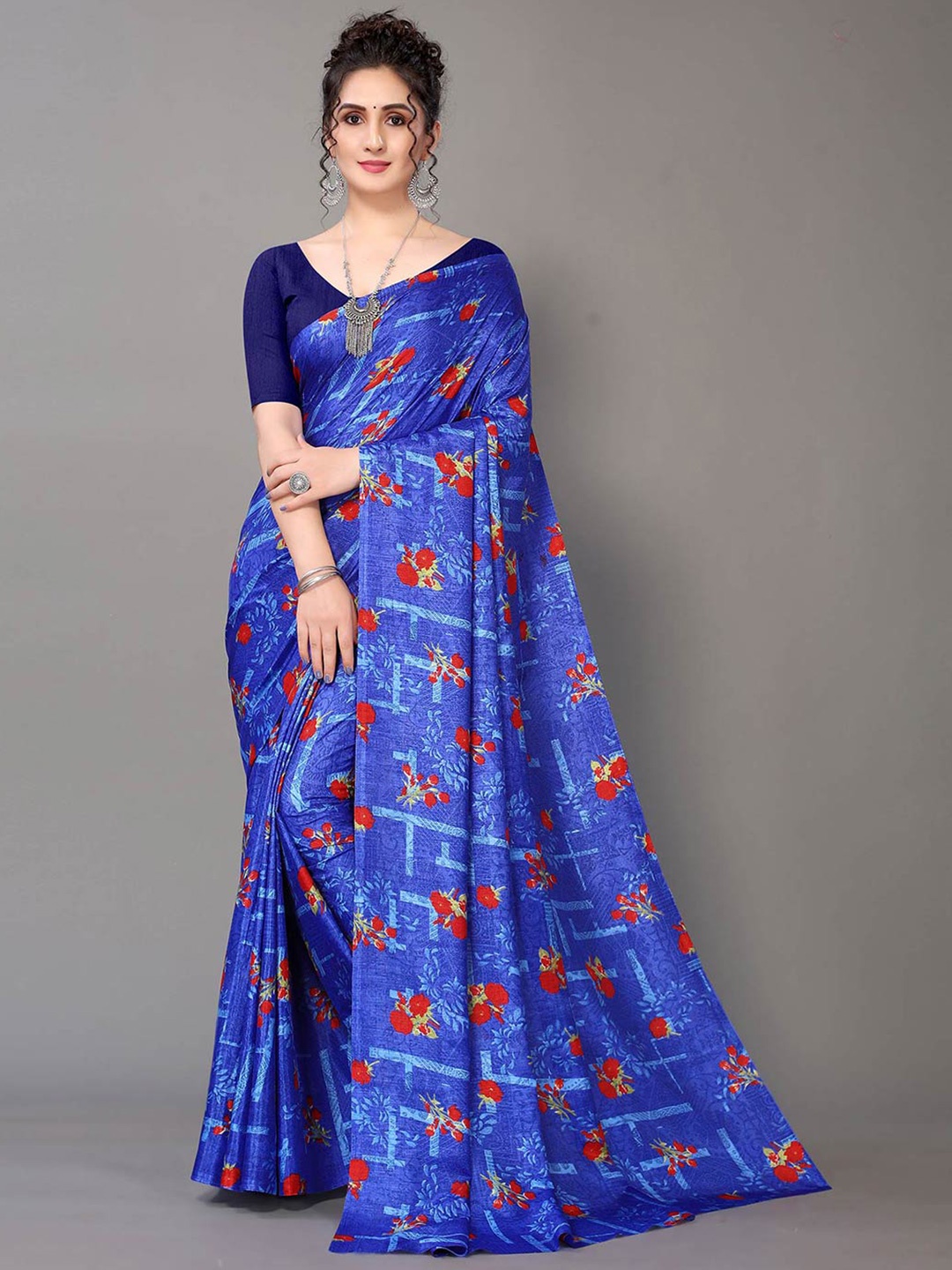 

KALINI Floral Printed Art Silk Saree, Blue