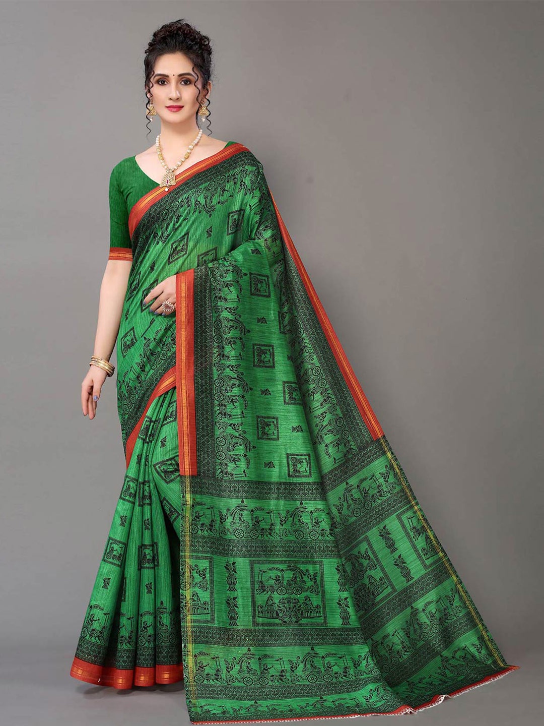 

KALINI Ethnic Motifs Printed Zari Art Silk Saree, Green