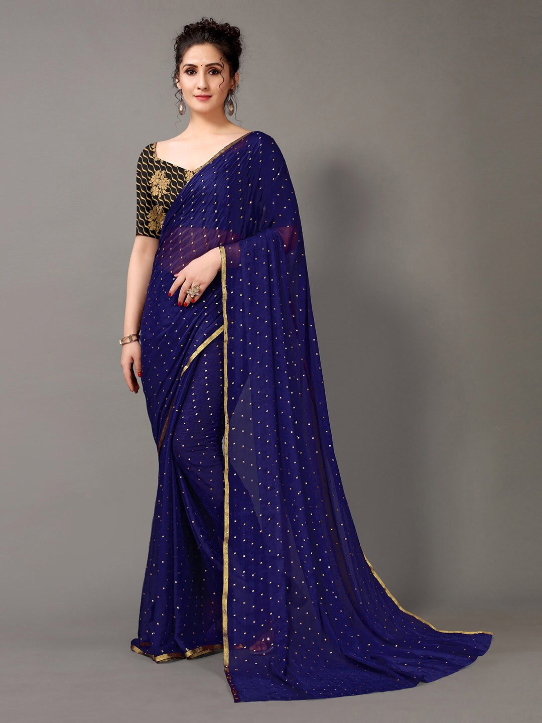 

KALINI Polka Dot Foil Printed Poly Chiffon Saree, Navy blue