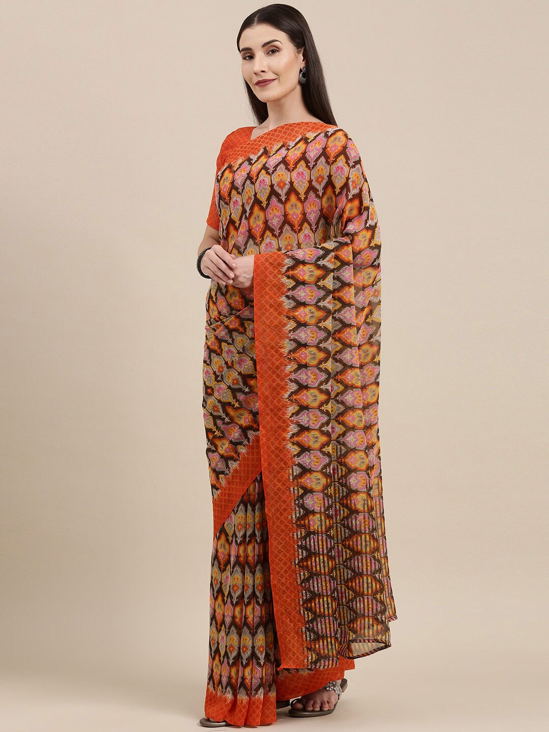 

KALINI Ethnic Motifs Printed Pure Georgette Saree, Orange