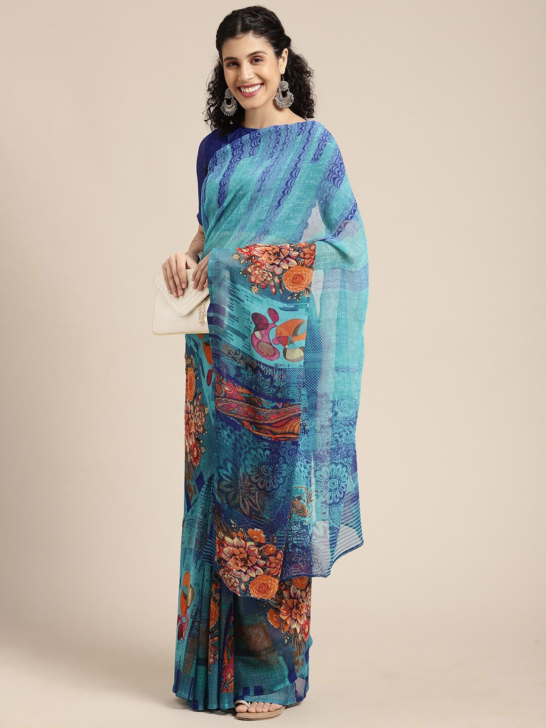 

KALINI Floral Print Pure Georgette Saree, Turquoise blue
