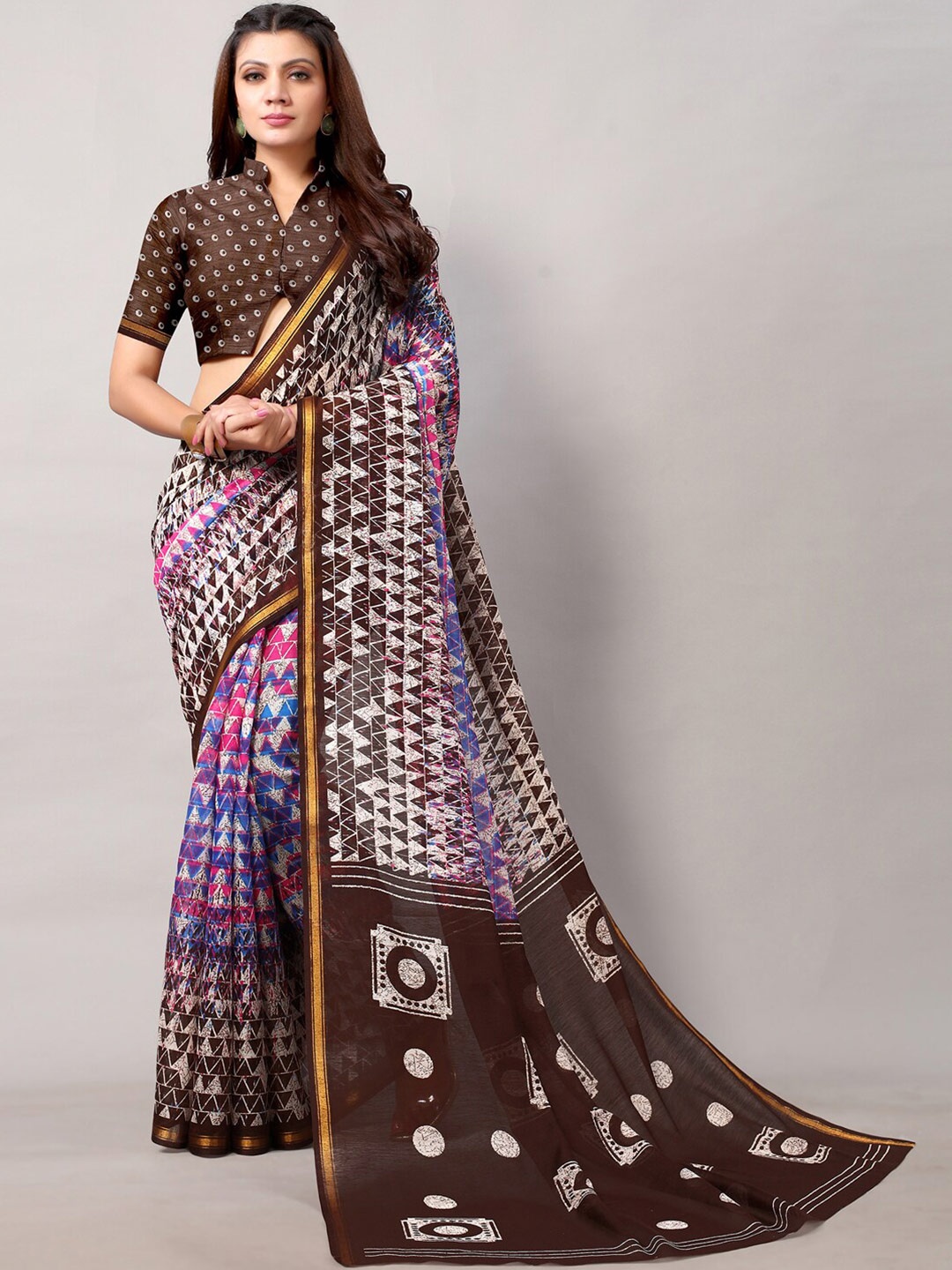 

KALINI Geometric Printed Zari Saree, Brown