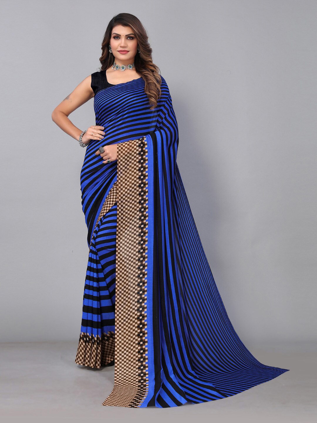

KALINI Striped Pure Georgette Saree, Blue