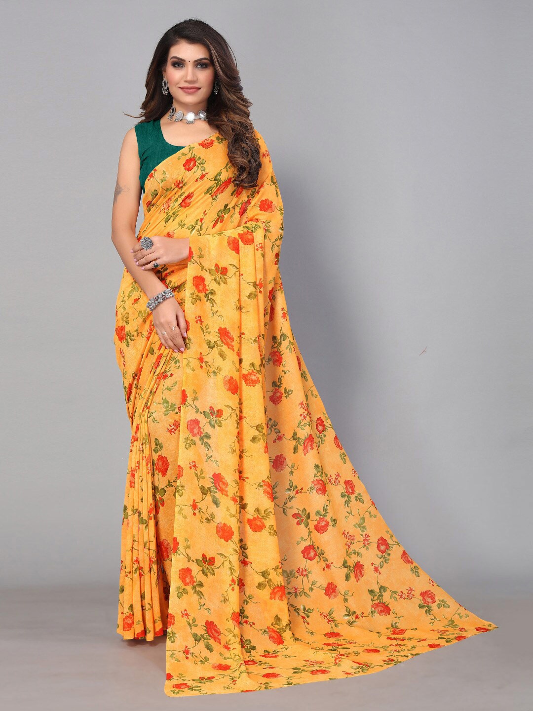 

KALINI Floral Printed Pure Georgette Saree, Yellow