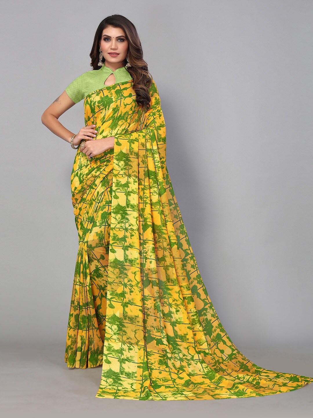 

KALINI Floral Printed Pure Georgette Saree, Yellow