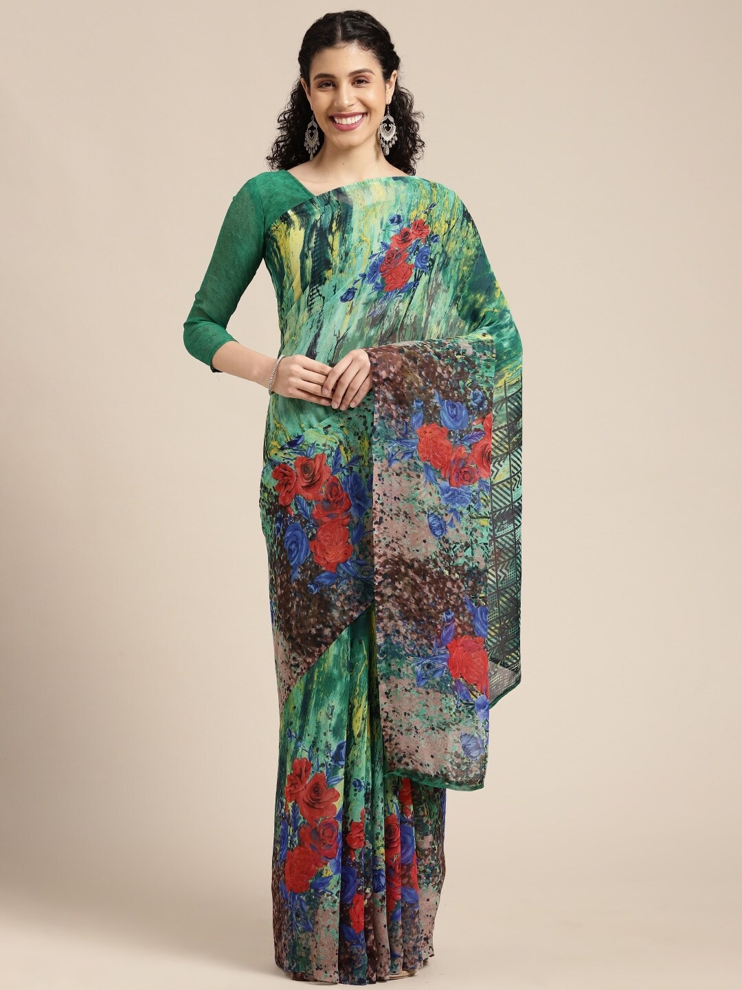 

KALINI Floral Printed Pure Georgette Saree, Green