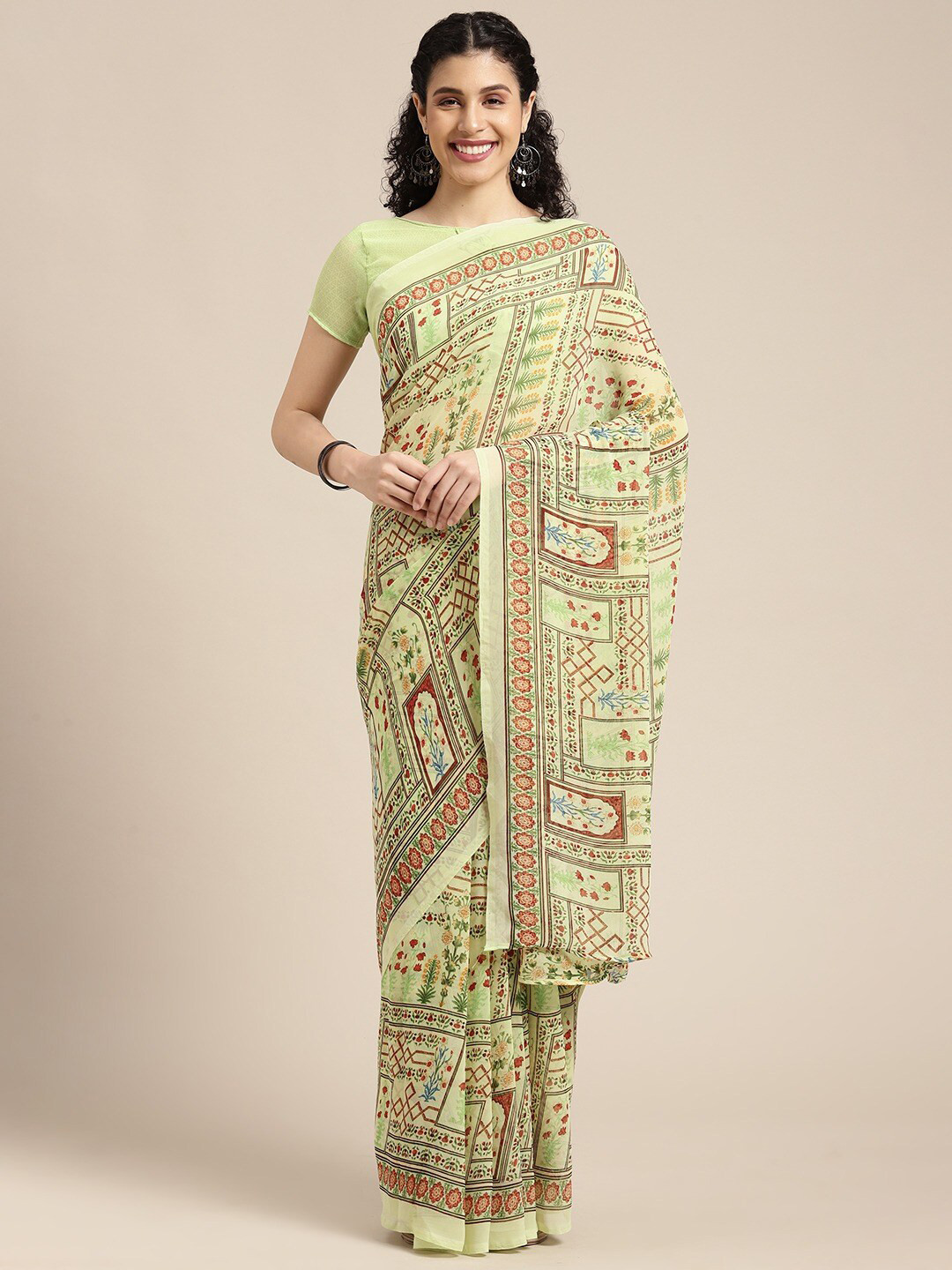 

KALINI Floral Printed Pure Georgette Saree, Lime green