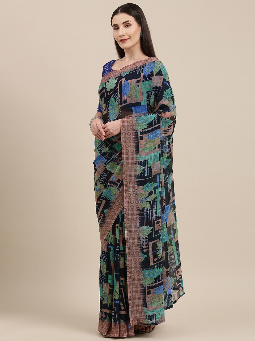 

KALINI Floral Printed Pure Georgette Saree, Navy blue