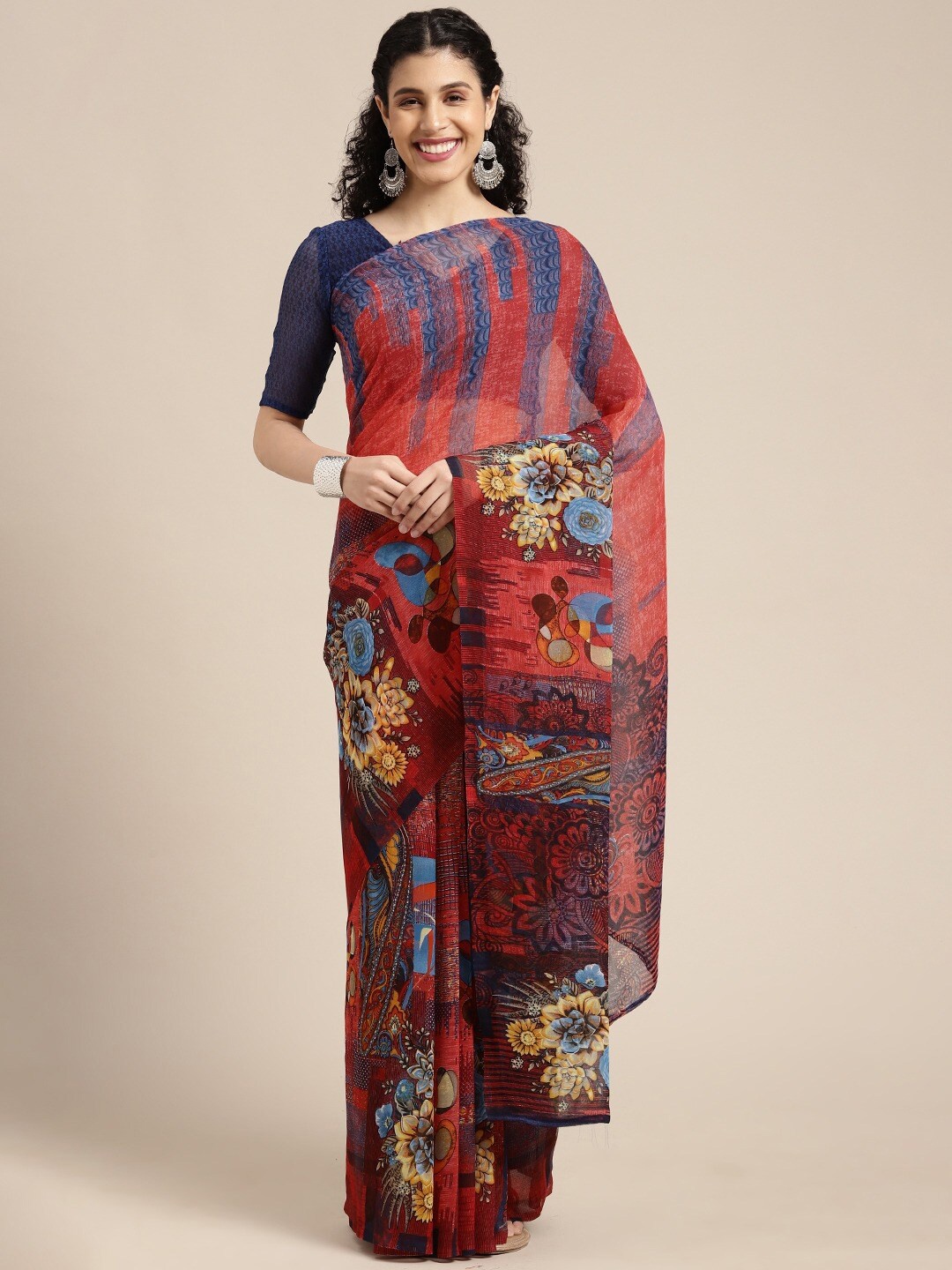 

KALINI Floral Printed Pure Georgette Saree, Navy blue