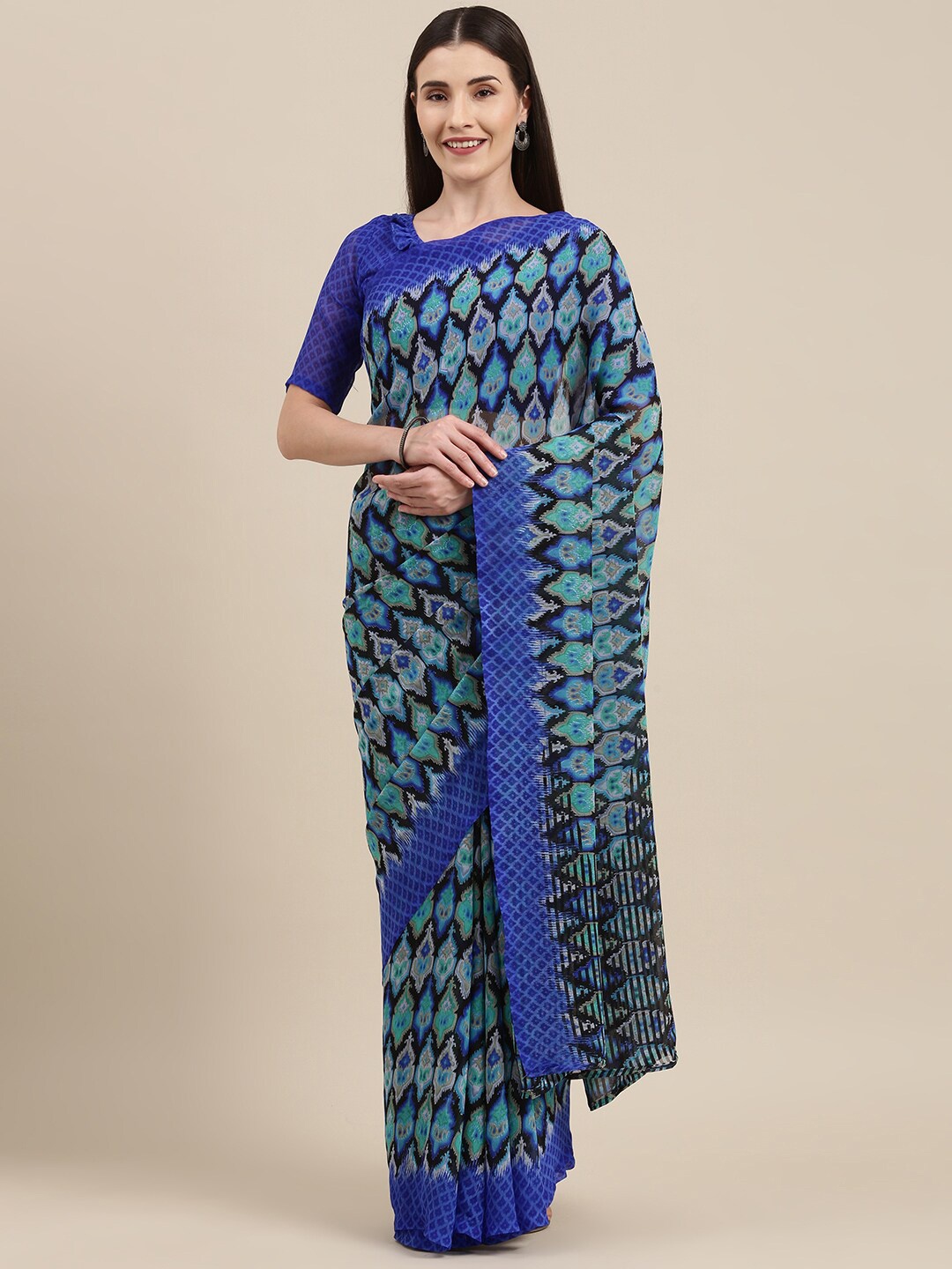 

KALINI Ethnic Motifs Printed Pure Georgette Saree, Navy blue